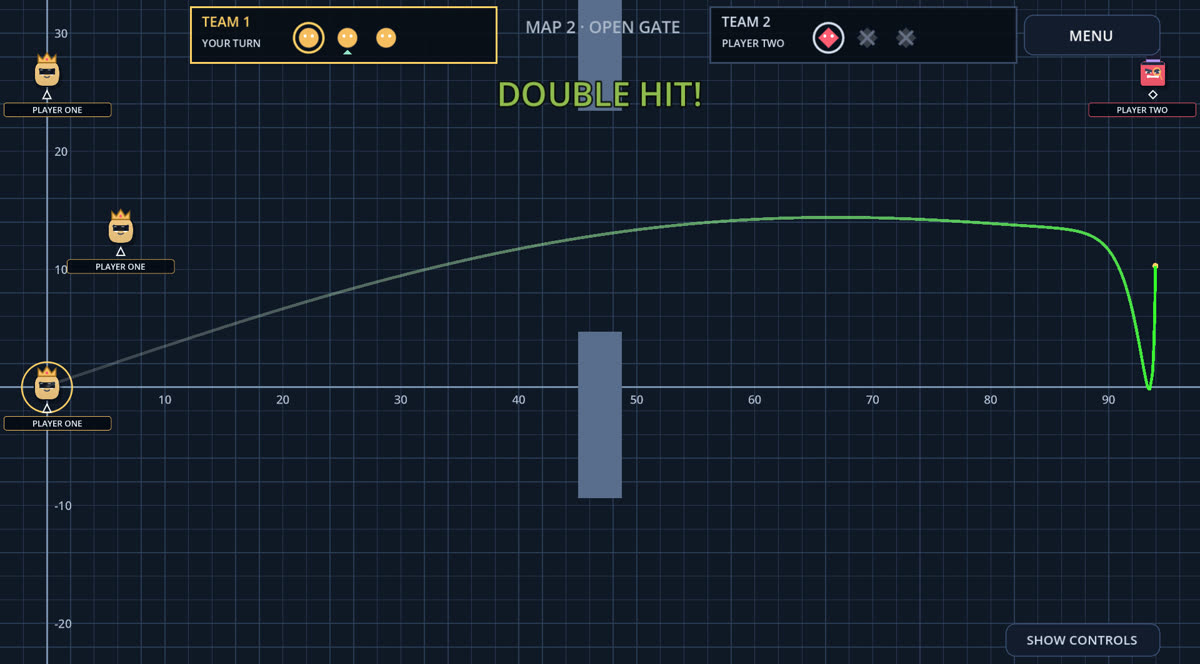 A curved shot clears a wall and hits two enemies: DOUBLE HIT