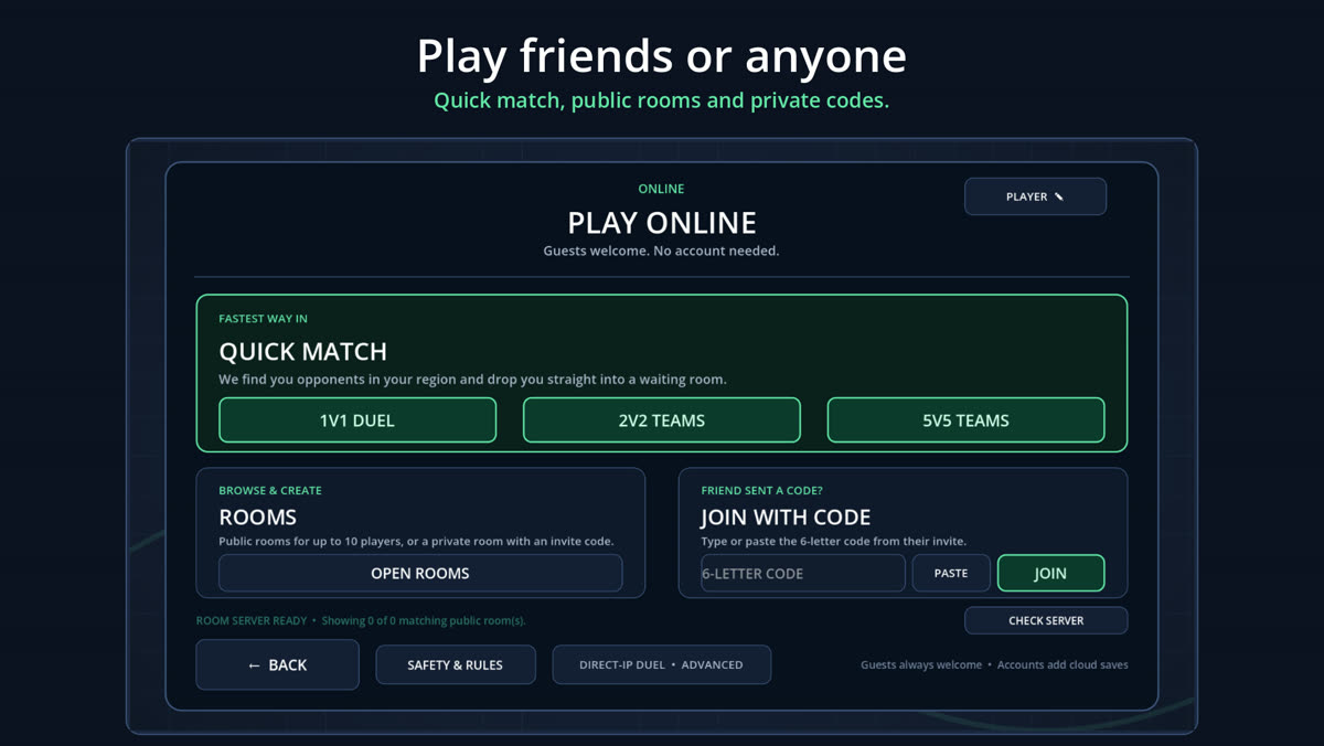 The online screen with Quick Match, rooms and join with code