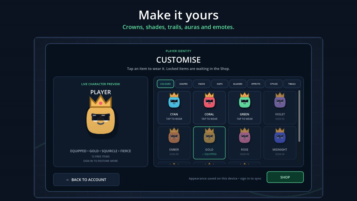 Customise screen with colours, hats, glasses and trails