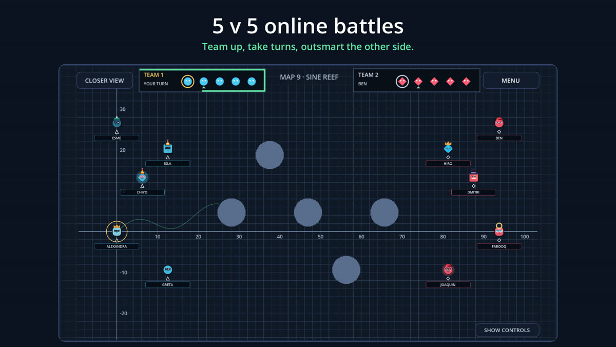 A team battle with three characters on each side